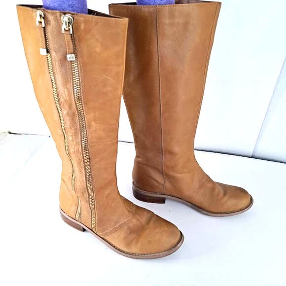 Vintage Tahari Knee Boot 9M Andy Leather Double Zipper Tall Caramel Brown - Picture 4 of 14